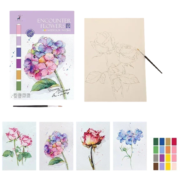 Akvarellfestő készlet Encounter Flowers 21,5×29,5 cm 4 virágkép 2 pigmentpapír 1 ecset kreatív alkotás 1