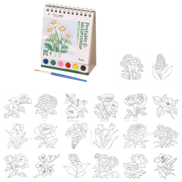Akvarelová sada na malování na cesty květinový motiv v kroužkové vazbě s integrovanými barvami a štětcem 15 × 10 cm blok 1