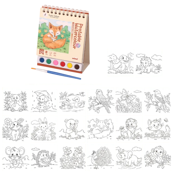 Akvarelová sada na malování na cesty lesní motiv liška v kroužkové vazbě s integrovanými barvami a štětcem 15 × 10 cm blok 1