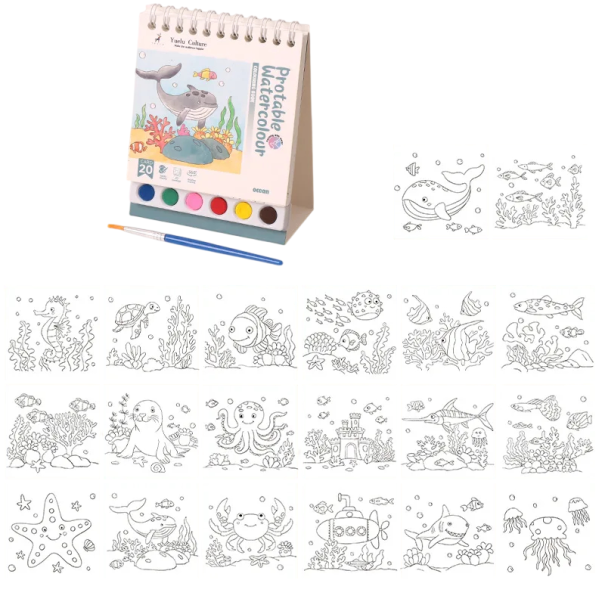 Akvarelová sada na malování na cesty mořský motiv v kroužkové vazbě s integrovanými barvami a štětcem 15 × 10 cm blok 1