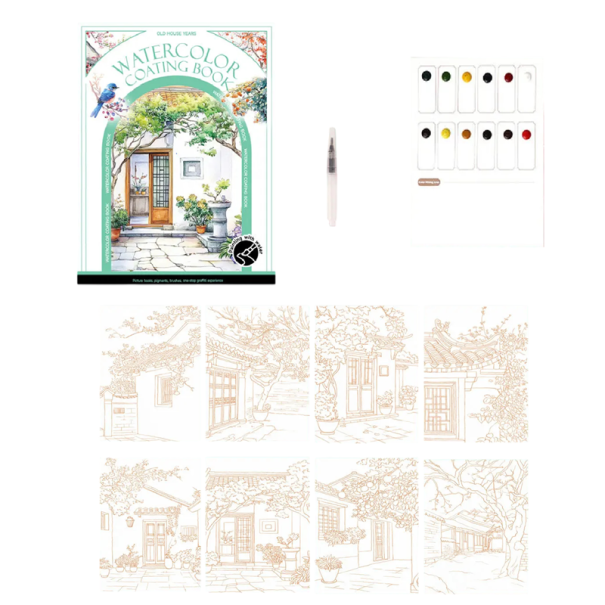 Akvarelová sada na malování s motivem domků a zahrad 18,6 × 14,2 cm vodní štětec 12 barev předtištěné papíry pro cestování i domů 1