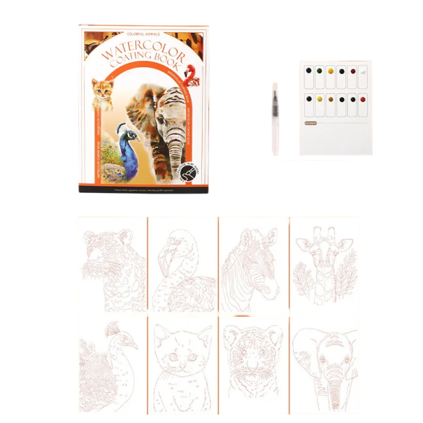 Akvarelová sada na malování s motivem zvířat 18,6 × 14,2 cm vodní plnící štětec 12 barev předtištěné papíry pro doma i cestování 1