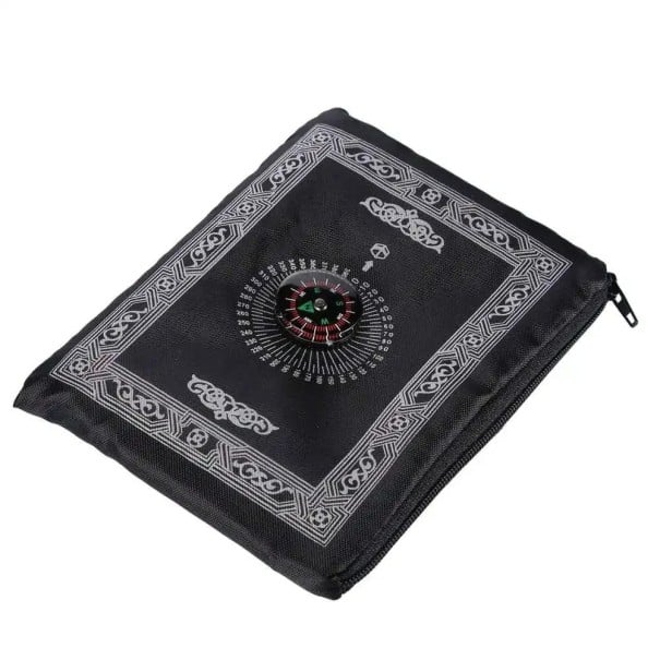 Alfombra de oración portátil de 100 x 60 cm, tapete de viaje con esquinas antideslizantes, diseño plegable, bolsillo con brújula negro