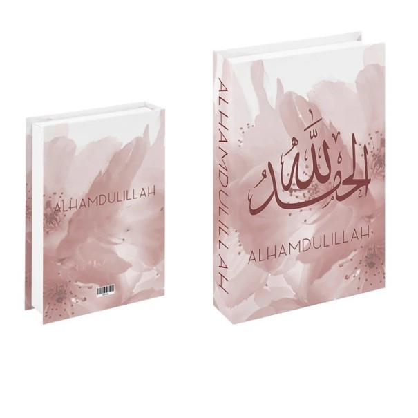 Alhamdulillah Väärä koristekirja Vaaleanpunainen kukkakuosi Ei avattava kirjan malli Moderni sisustuselementti hyllylle pöydälle kirjastoon 1