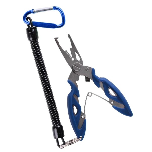Alicates multifuncionales para pesca de plata, 12 x 5 cm, con resorte y mosquetón, alicates de acero inoxidable para cortar línea, engarzar azul