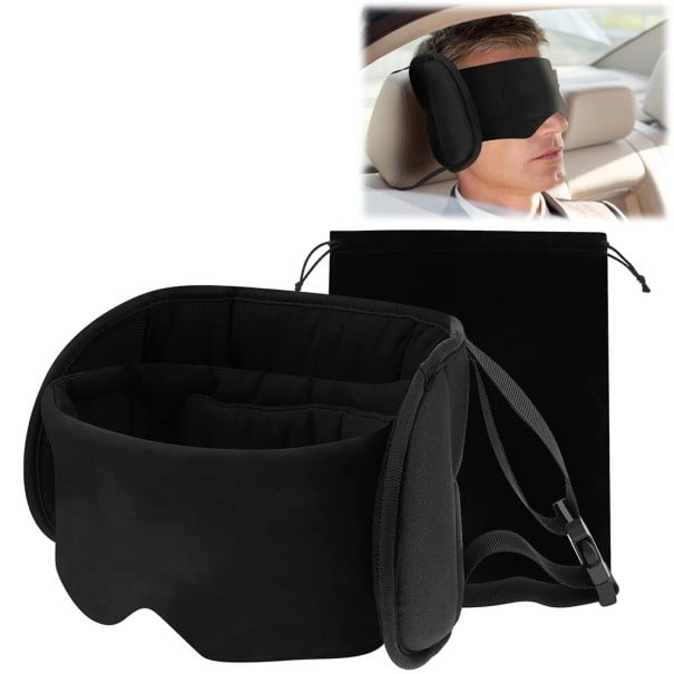 Almofada de viagem 2 em 1 para o pescoço com máscara para os olhos 43 × 15 cm Apoio de cabeça ajustável Suporte de 360° Máscara de dormir e saco 1