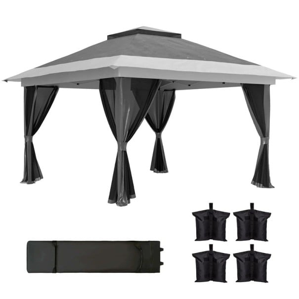 Altar de grădină cu 4 pereți din plasă anti-UV dimensiune 356 x 356 cm din metal și oxford cu înălțime ajustabilă pentru 8 până la 12 persoane în grădină gri