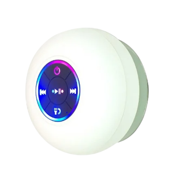 Altavoz de baño Bluetooth con ventosa IPX4, resistente al agua, luz LED, minialtavoz inalámbrico con micrófono de 3 W, montaje en pared blanco