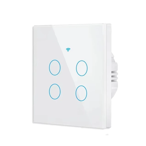 Älykäs kosketusseinäkytkin WiFi 220V 4-napainen, ohjaus iOS/Android-sovelluksella. Yhteensopiva 433MHz:n kanssa. Lasipaneeli 8,6 x 8,6 cm. valkoinen