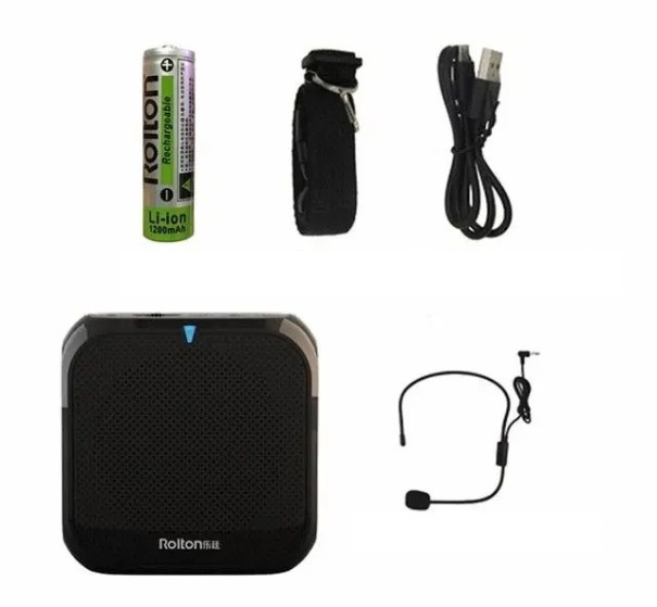 Amplificador de voz Rolton K400 com microfone com fio Suporte para USB e cartão TF 5W de saída 1200mAh Duração 8 h Altifalante embutido com cinto preto