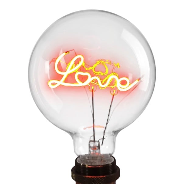 Ampoule LED spirale avec filament G125 E27 Forme du mot Love 4 W 220 V 12,5 x 17,5 cm Douille en aluminium et couvercle en verre Pour lampes et luminaires rouge