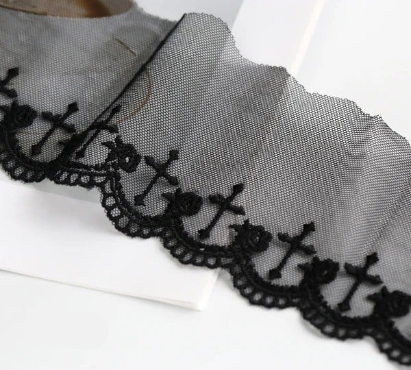 Ανα embroidered δίκτυο δαντέλα με σχέδιο σταυρού 7 cm x 91 cm Βαμβακοπολυεστερική διακοσμητική δαντελένια κορδέλα για ράψιμο ρούχων κουρτίνες μαύρο