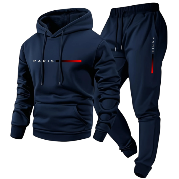 Ανδρική Σαλοπέτα με Φούτερ και Παντελόνια με Σχοινί, Μονοχρωμία με Εκτύπωση Paris, Πολυεστέρας σκούρο μπλε M