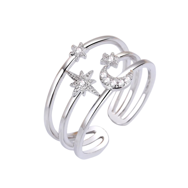 Anel feminino em prata diâmetro 16,5 mm Tamanho ajustável Anel fino em camadas com três linhas Estrelas 3/5 mm e lua Joia elegante 1