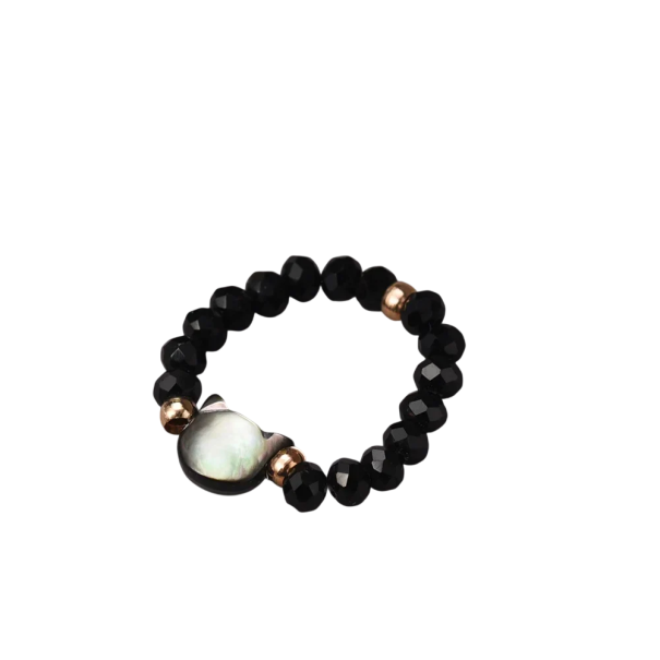 Anello elastico con perline 1,8 mm Testa di gatto in pietra di luna Resina e conchiglia artificiale Gioiello moda femminile fatto a mano nero