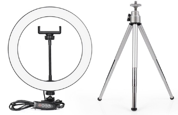 Anillo de luz LED con trípode K2435 plateado 26 cm