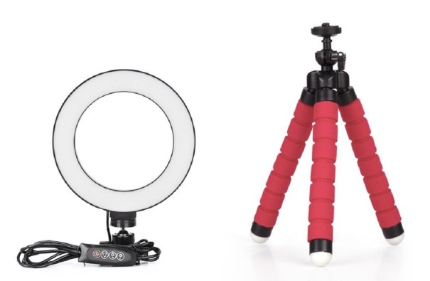 Anillo de luz LED con trípode rojo 16 cm