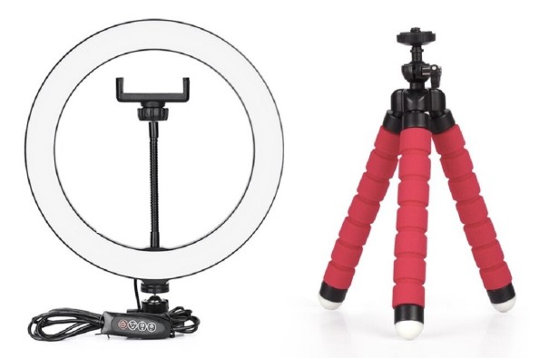 Anillo de luz LED con trípode rojo 26 cm