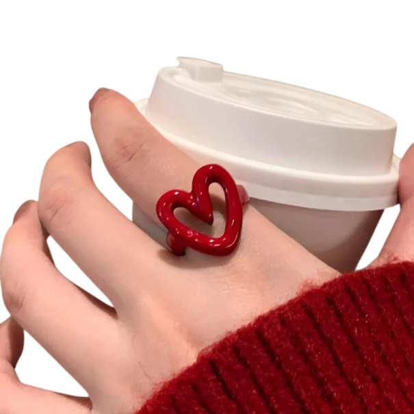 Anillo de mujer de tamaño ajustable Anillo abierto en forma de corazón Color aceite Joyería elegante, moderna y linda para el uso diario rojo
