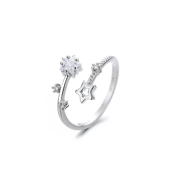 Anillo de plata para mujer diámetro 16,5 mm Estrellas 3/5 mm Tamaño ajustable Anillo abierto delgado con estrella de cristal y estrella hueca y mini 1
