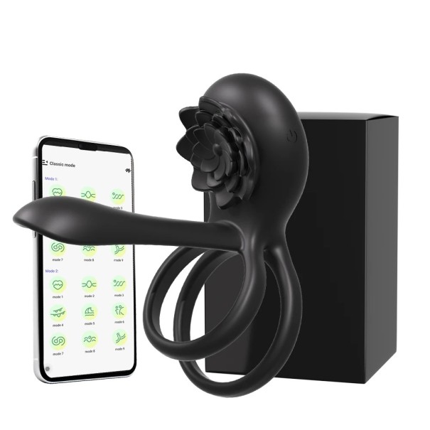 Anillo vibrador de silicona con forma de rosa para mujeriego, control mediante app, 10 modos, carga USB, resistente al agua, embalaje discreto. negro