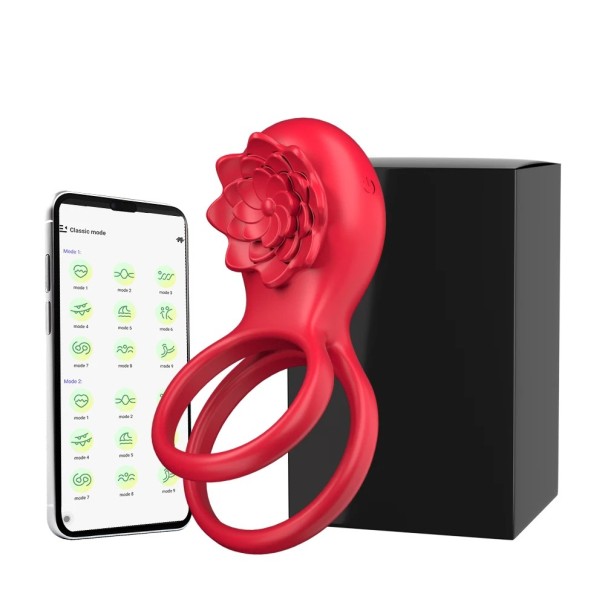 Anneau vibrant en silicone avec womanizer en forme de rose contrôle par application 10 modes chargement USB étanche emballage discret rouge