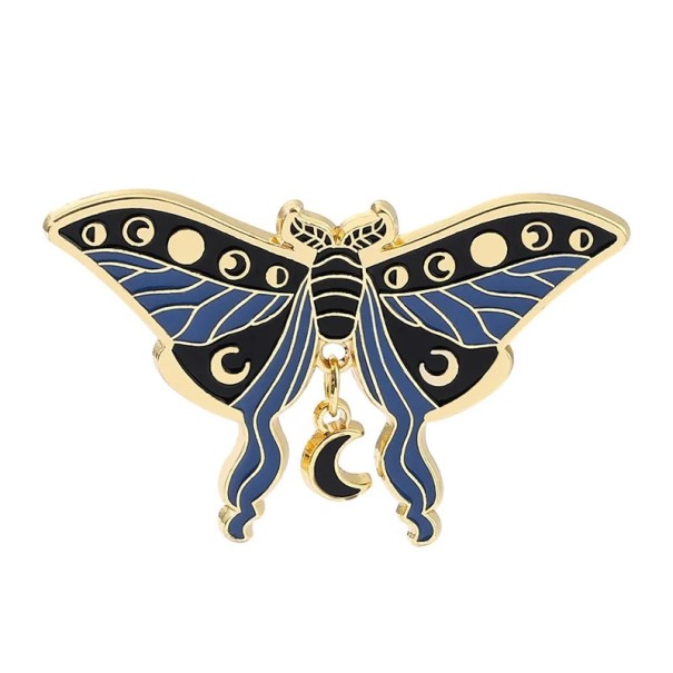 Anstecker Nachtschmetterling mit Mondanhänger 31 × 50 mm emaillierter Pin Insektenabzeichen Reversnadel Zubehör für Rucksack Kleidung blau