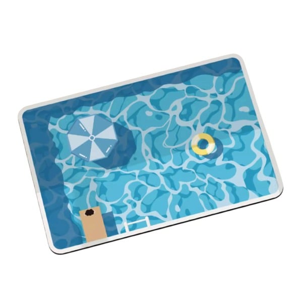 Antislip badkamermat 40 x 60 cm met print van zwembad met parasol en zwemband met afgeronde hoeken in blauwe kleur 1