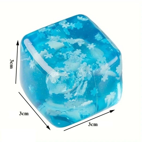Antistressipuristuskubus lumihiutaleilla 3 cm sininen TPR joustava rentoutumiseen tarkoitettu apuväline käsissä stressin purkamiseen 1