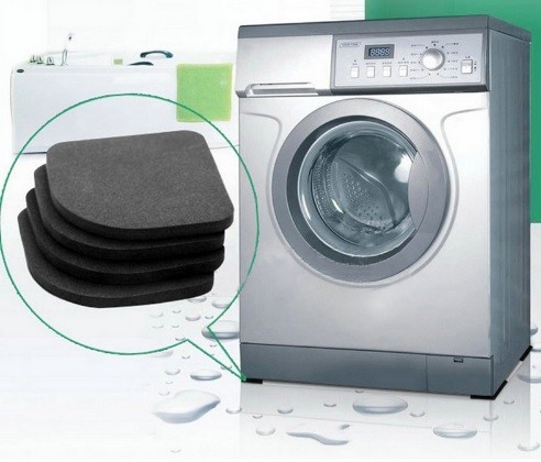 Antivibrationsunderlag til vaskemaskinens ben 4 stk Dæmper vibrationer og beskytter gulvet mod skader Fleksibelt materiale Sort farve 7,7 x 7,7 x 0,7 1