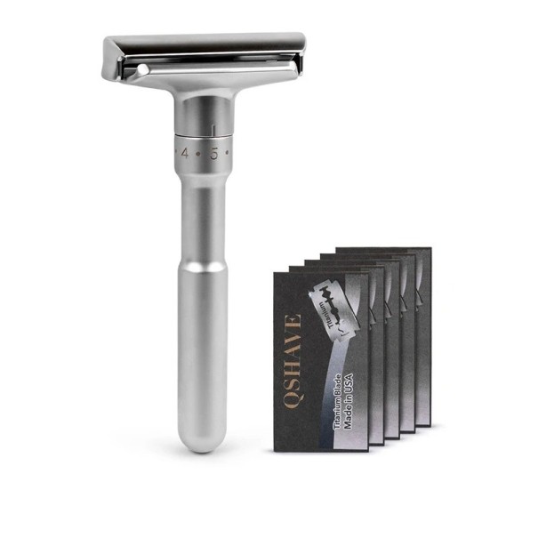 Aparador de Barba Prateado Ajustável com 5 Lâminas Aparador Manual com 6 Níveis de Ajuste de Lâmina Aparador de Barba Luxuoso com Suporte 10,8 cm x 5 cm x 1,3 cm 1