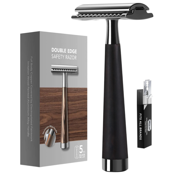 Aparelho de barbear clássico de lâmina única com 5 lâminas de substituição Cabeça de barbear em aço inoxidável Cabeça de barbear metálica Aparelho manual para barbear diário preto