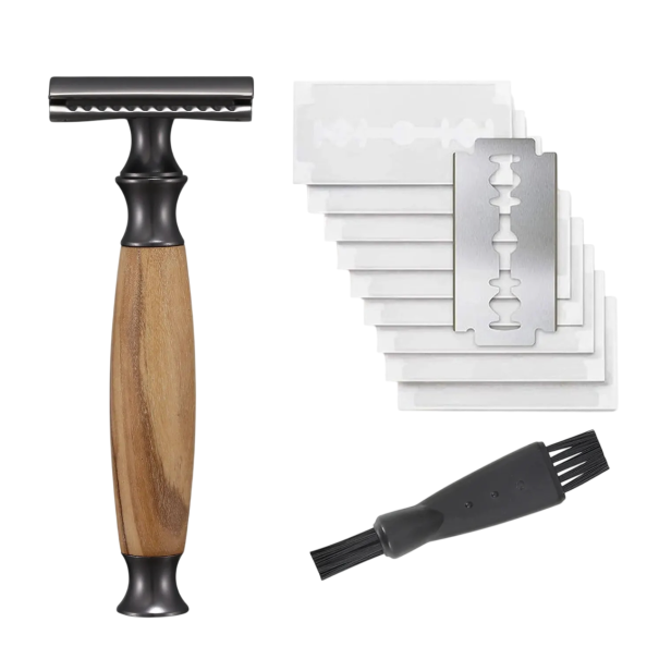 Aparelho de barbear em madeira de oliveira e metal com 10 lâminas de substituição lâmina de segurança de uma só lâmina aparelho manual para homens 1