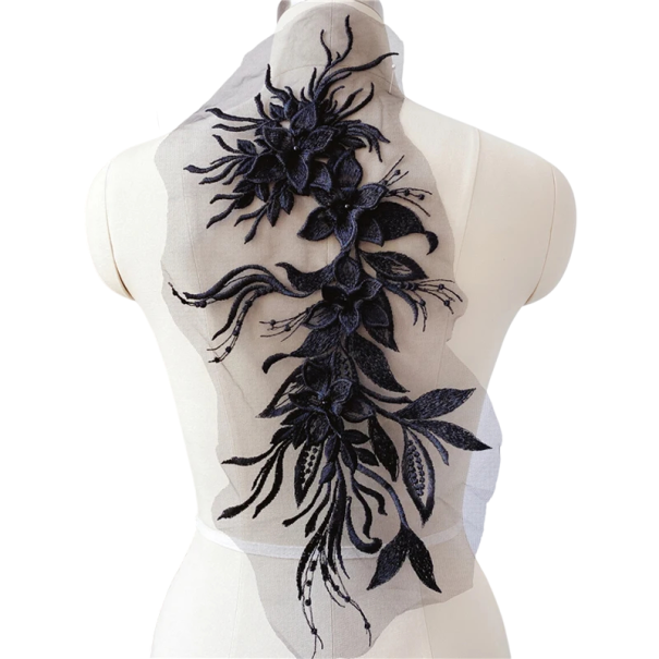Apliqué de Renda Floral 47 x 16 cm Aplique Bordado em Poliéster Ornamento Decorativo de Renda para Vestidos Blusas Roupa e Artesanato preto