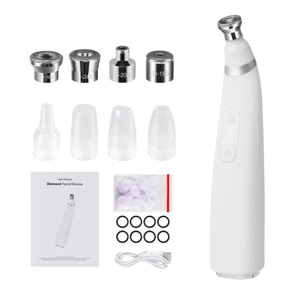 Apparat til diamantmikrodermabrasion og akneabsorption 4 diamant- og 4 plastikhoveder USB-C opladning Hjemmeskønhedspleje hvid