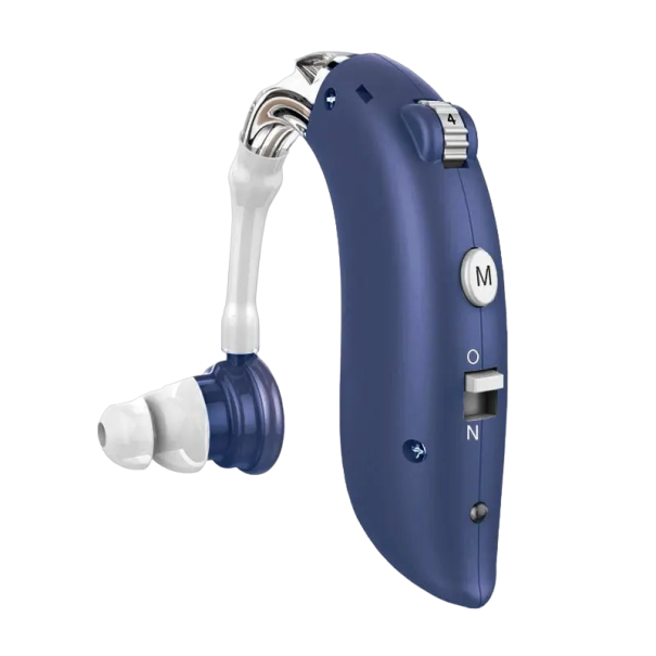 Apparecchio acustico digitale per anziani Amplificatore audio portatile Apparecchio acustico senza fili con custodia e tappi di ricambio Compatto 5 x 1,5 x 1 cm blu scuro