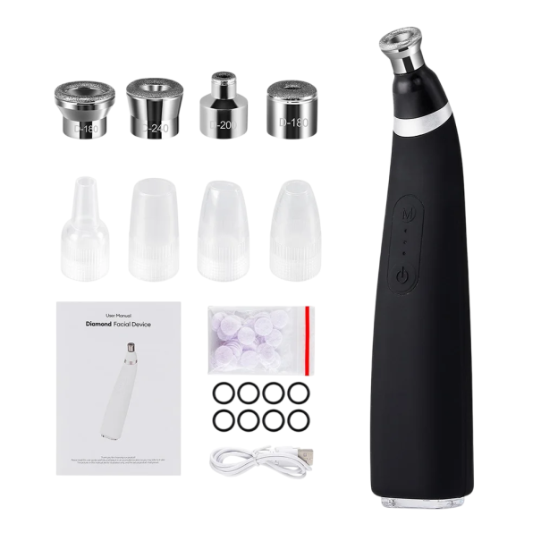 Appareil de microdermabrasion diamant et d'aspiration de l'acné 4 embouts diamantés et 4 embouts en plastique chargement USB-C Soin de la peau à domicile noir
