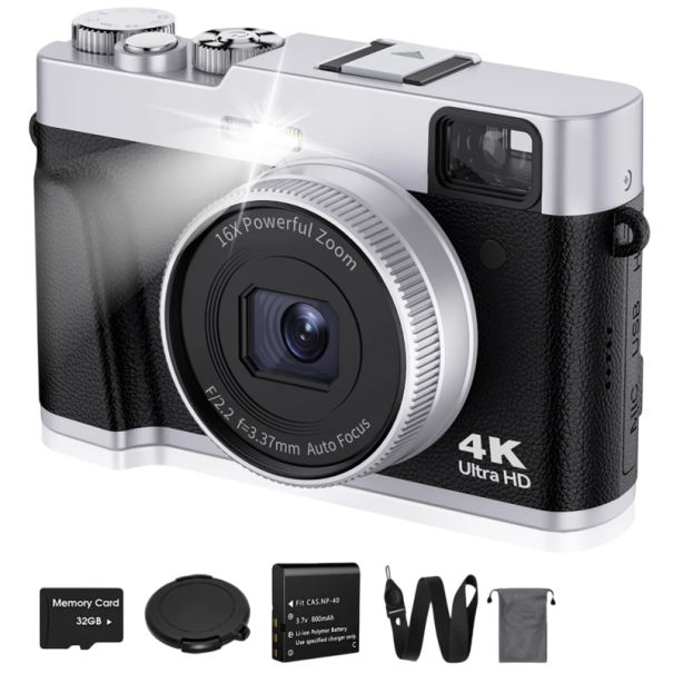 Appareil photo numérique 48 Mpx 4K avec autofocus Carte 32 Go Câble HDMI et USB-C Sac à rabat Sangle Appareil photo compact pour les voyages noir