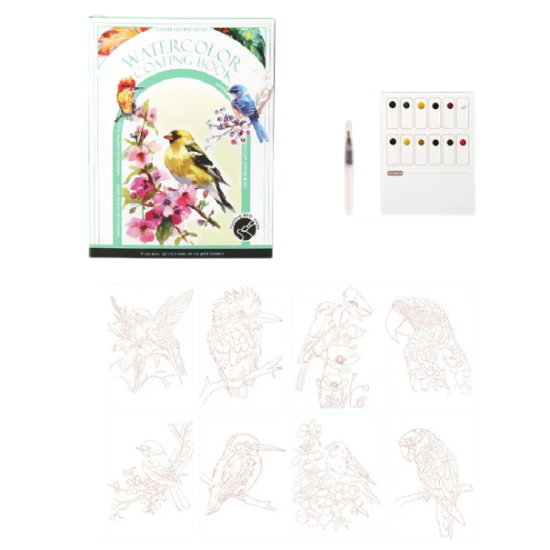 Aquarellmalset mit Vogel- und Blumenmotiven 18,6 × 14,2 cm Wasserfüllpinsel 12 Farben vorgedruckte Papiere für zu Hause und unterwegs