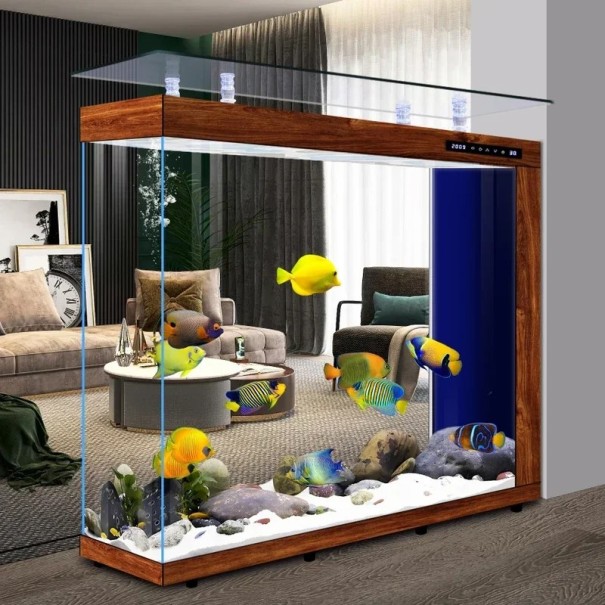 Aquário de luxo 180 x 40 x 116 cm Grande aquário de vidro com divisória Vidro branco super LED iluminação Filtração Ecrã inteligente castanho