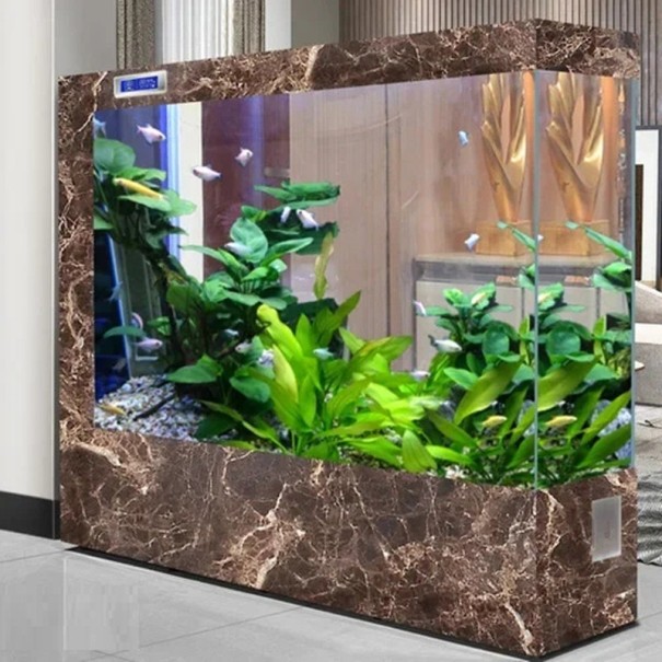 Aquário de Pé Grande 180 x 35 x 130 cm Aquário Retangular Doméstico com Padrão de Mármore Iluminação LED Filtração Ecrã Divisória Ecológica castanho