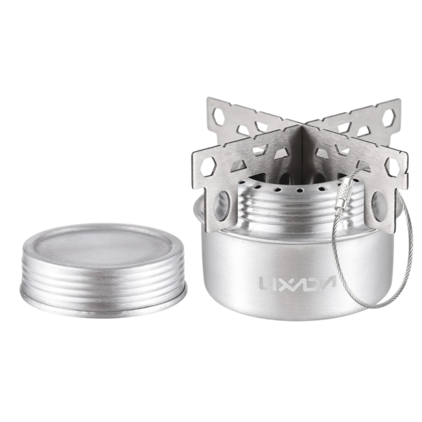 Aragaz cu alcool din aliaj de aluminiu cu capac și suport transversal, aragaz portabil pentru camping, drumeții, gătit în aer liber, 7,1 x 4,3 cm 1