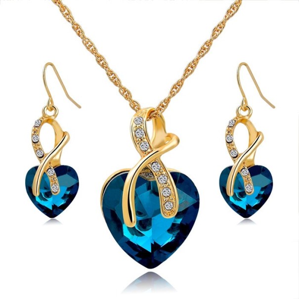 Aranyozott nyaklánc + fülbevalók CRYSTAL HEART - kék 1