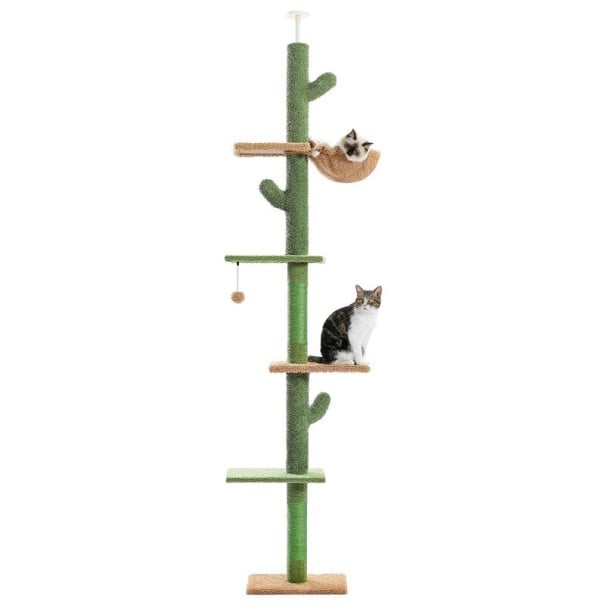 Árbol para gatos 229–275 cm Torre de cinco niveles desde el suelo hasta el techo Rascador de cactus interior Hamaca Bolas colgantes Conjunto 1
