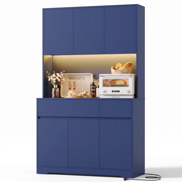 Armário de cozinha alto 180 x 100 x 38,5 cm com iluminação LED e nichos abertos para eletrodomésticos Capacidade até 40 kg azul