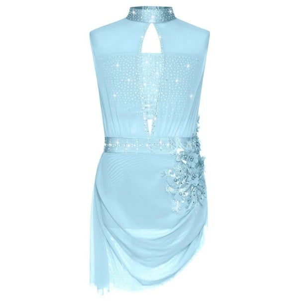 Ärmelloses Tanzkleid für Mädchen mit Strasssteinen und Stehkragen, asymmetrischer Schnitt, Polyester Nylon Elasthan, für Eiskunstlauf und Tanz blau 10