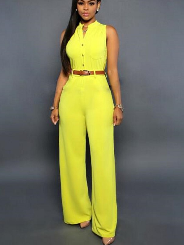 Ärmlös jumpsuit för kvinnor med bälte gul XS