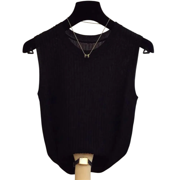 Ärmlös stickad topp för kvinnor Elegant ribbad stickning Lätt och mjukt material Rund halsringning Lösare passform Snygg sommaroutfit svart