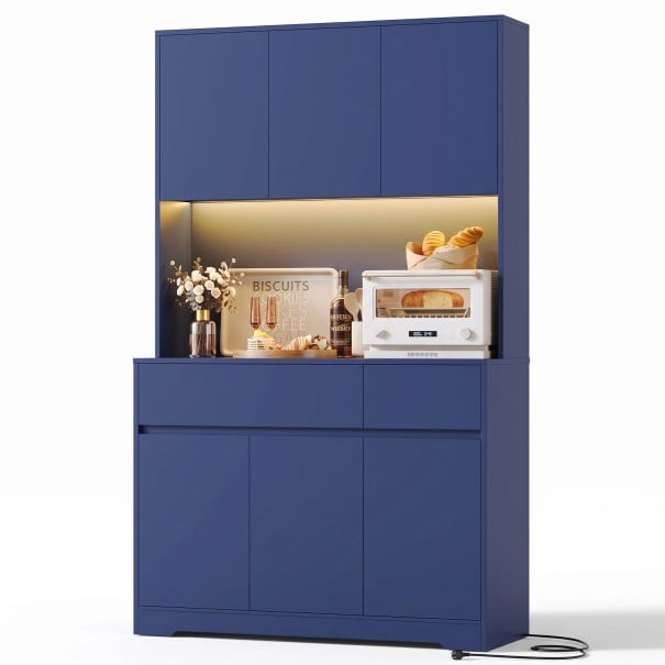 Armoire de cuisine haute 180 x 100 x 38,5 cm avec éclairage LED, niche ouverte pour appareils, six portes et deux tiroirs, capacité de charge bleu