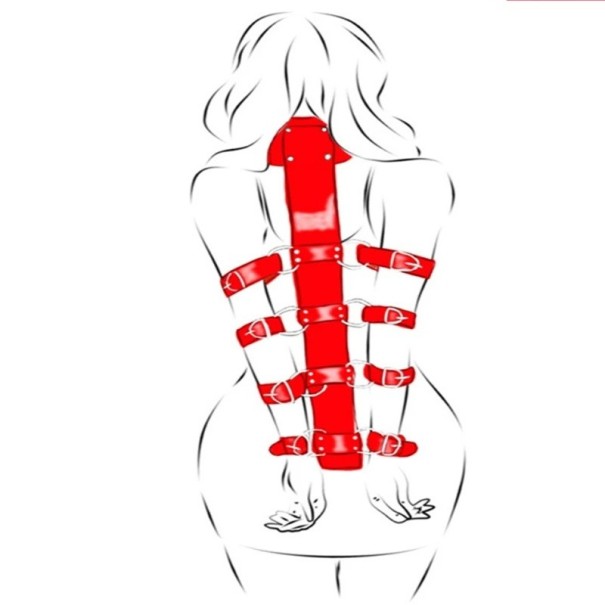 Arnés de cuero detrás de la espalda con collar con cerradura y 4 pares de esposas, sistema ajustable para una sujeción total, embalaje discreto. rojo